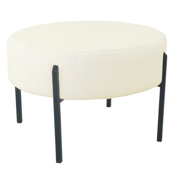 Joe Round Ottoman Footstool, Black Metal, Plush Cream Sherpa 28 Inch -BM334419