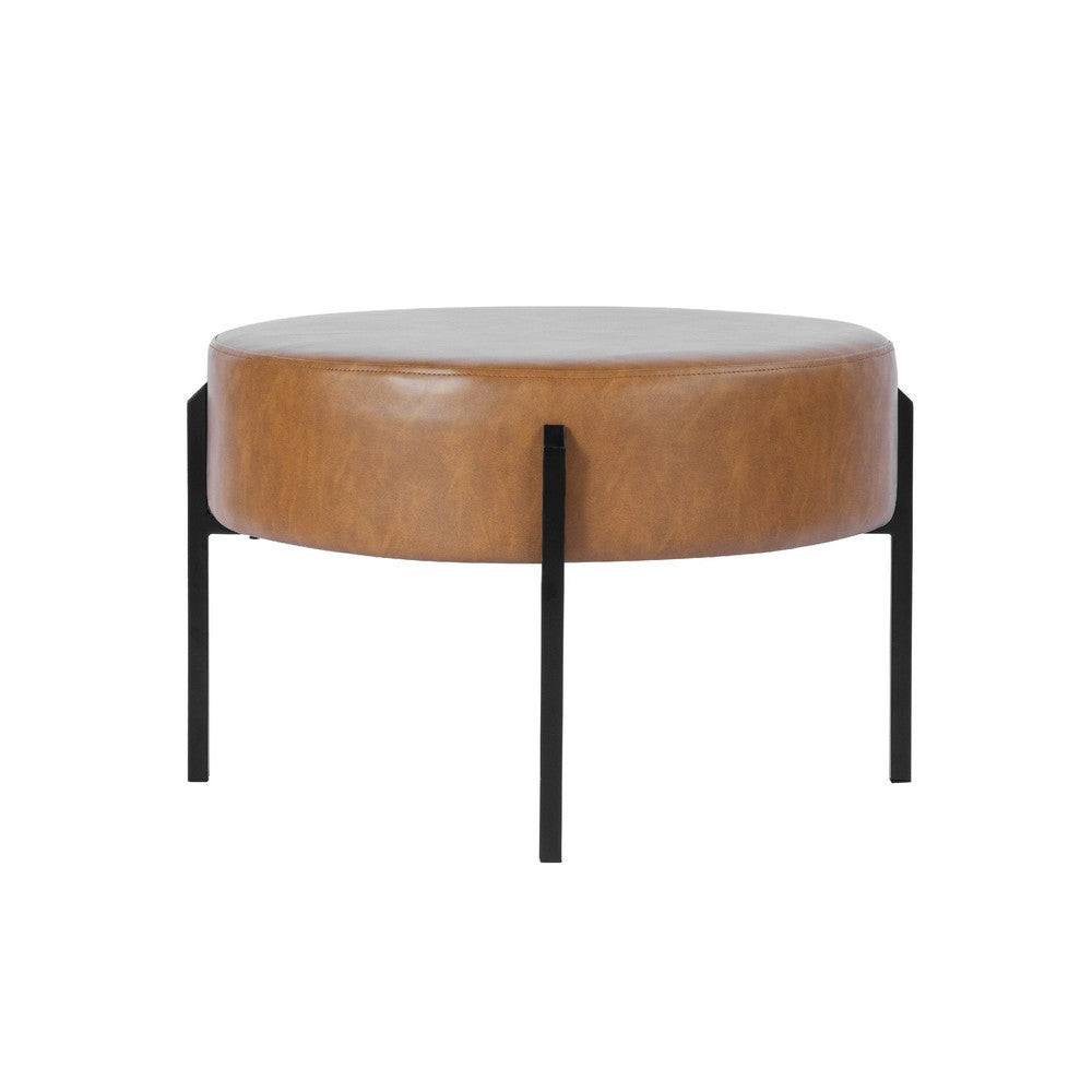 Joe Round Ottoman Footstool, Black Metal, Brown Faux Leather 28 Inch -BM334420