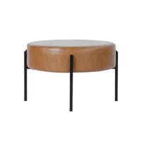 Joe Round Ottoman Footstool, Black Metal, Brown Faux Leather 28 Inch -BM334420