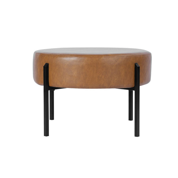 Joe Round Ottoman Footstool, Black Metal, Brown Faux Leather 28 Inch -BM334420