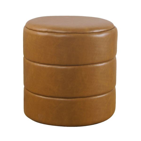 Sem Round Accent Ottoman, Brown Channel Tufted Faux Leather 18 Inch -BM334424