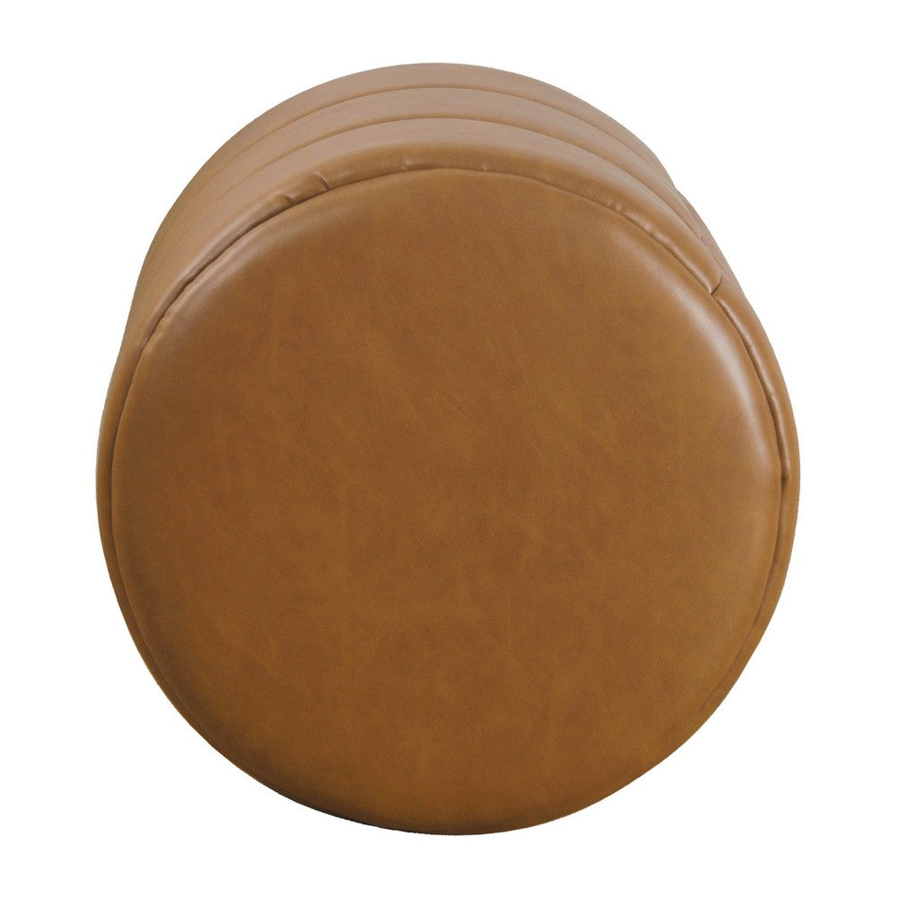 Sem Round Accent Ottoman, Brown Channel Tufted Faux Leather 18 Inch -BM334424
