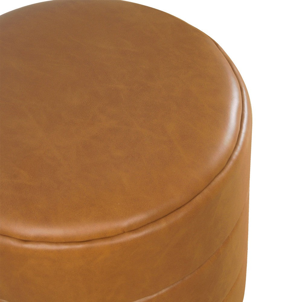 Sem Round Accent Ottoman, Brown Channel Tufted Faux Leather 18 Inch -BM334424