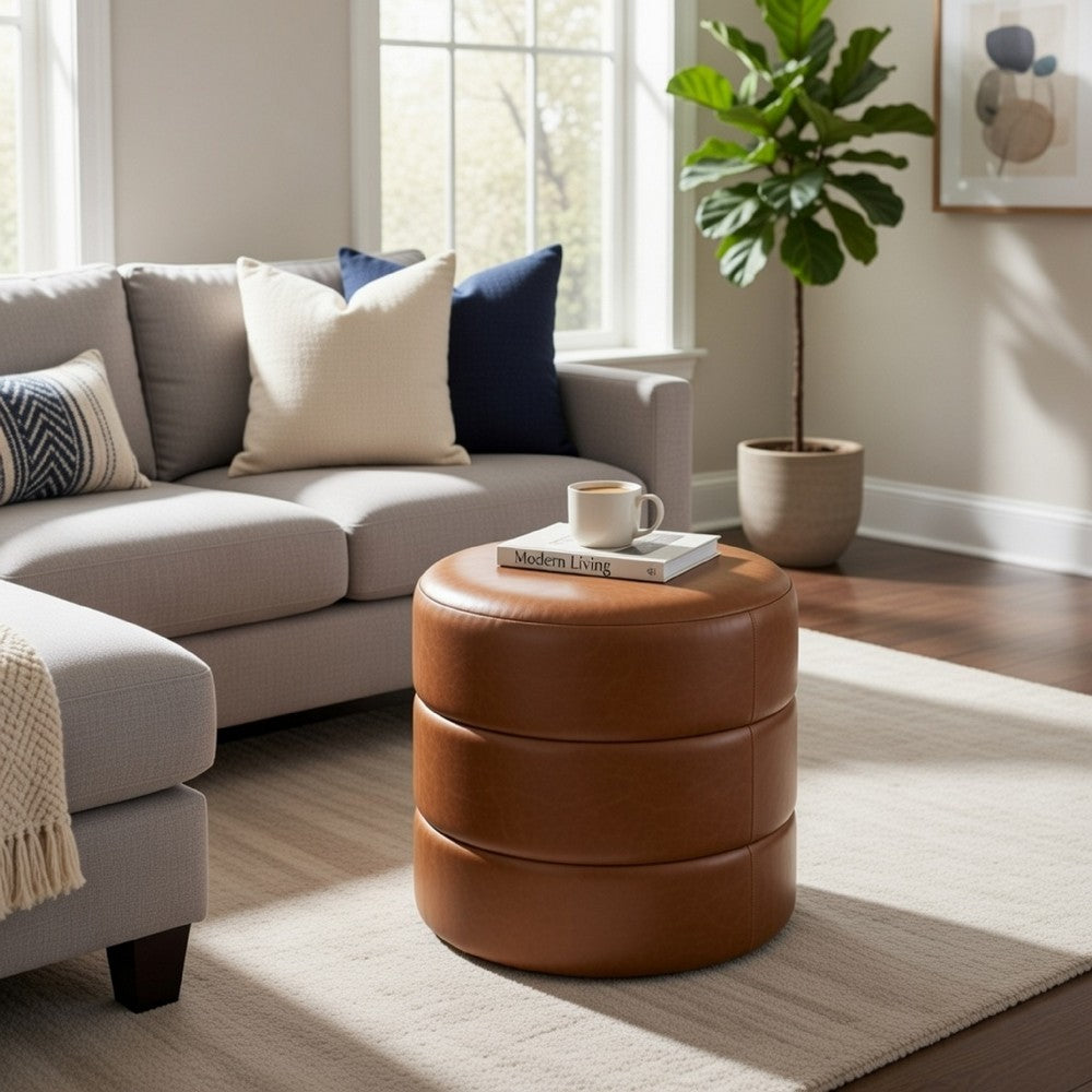 Sem Round Accent Ottoman, Brown Channel Tufted Faux Leather 18 Inch -BM334424