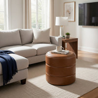 Sem Round Accent Ottoman, Brown Channel Tufted Faux Leather 18 Inch -BM334424