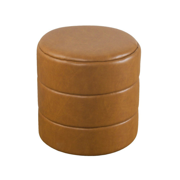 Sem Round Accent Ottoman, Brown Channel Tufted Faux Leather 18 Inch -BM334424