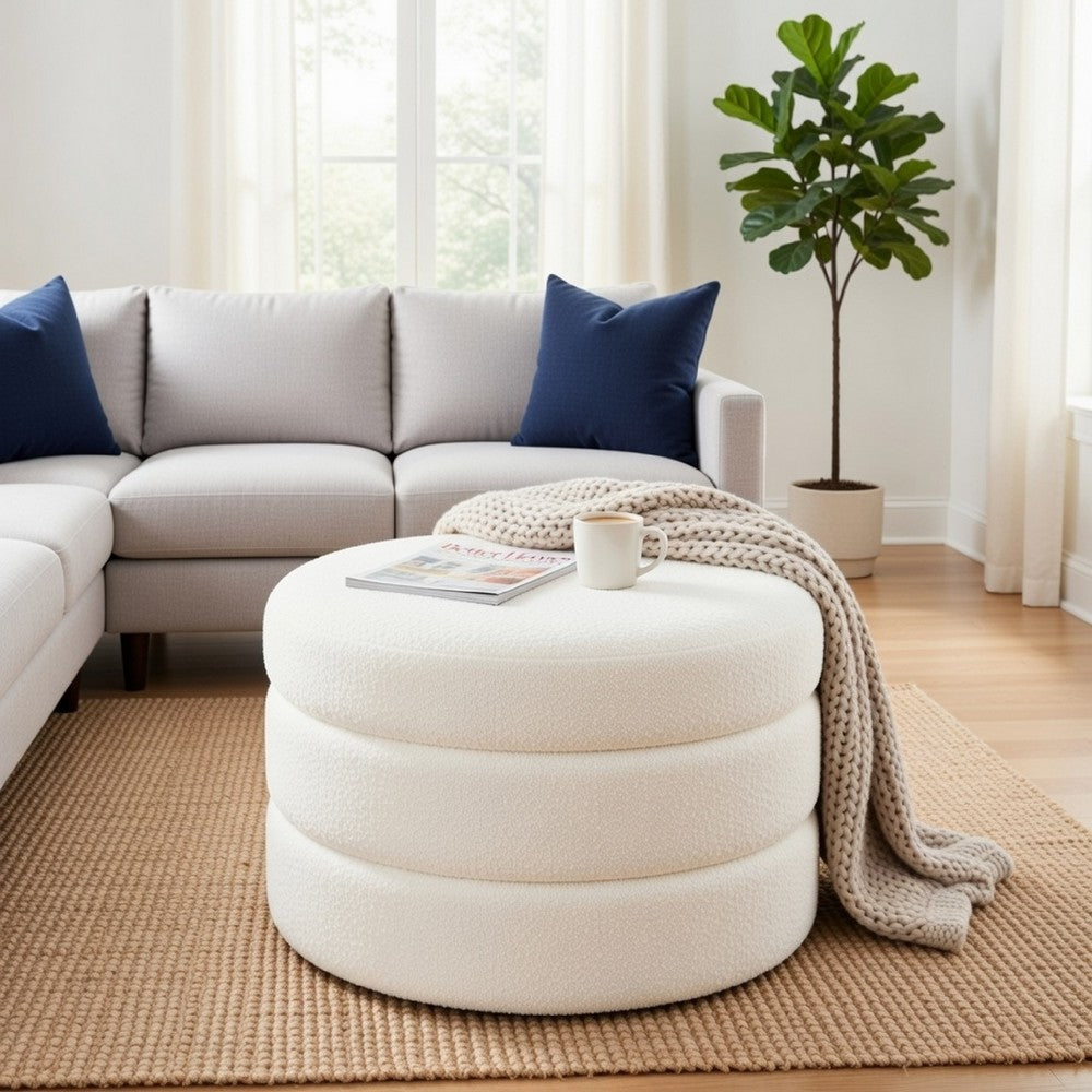 Sem Round Accent Ottoman, Cream White Chanel Stitched Boucle 18 Inch -BM334425