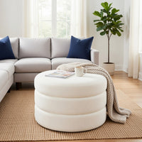 Sem Round Accent Ottoman, Cream White Chanel Stitched Boucle 18 Inch -BM334425