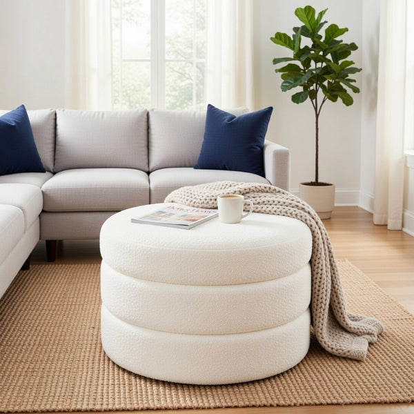 Sem Round Accent Ottoman, Cream White Chanel Stitched Boucle 18 Inch -BM334425