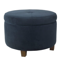 Soni Round Storage Ottoman, 24 Inch Navy Blue Velvet, Dark Brown Legs -BM334427