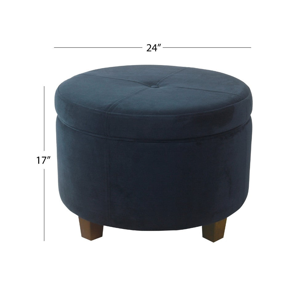Soni Round Storage Ottoman, 24 Inch Navy Blue Velvet, Dark Brown Legs -BM334427
