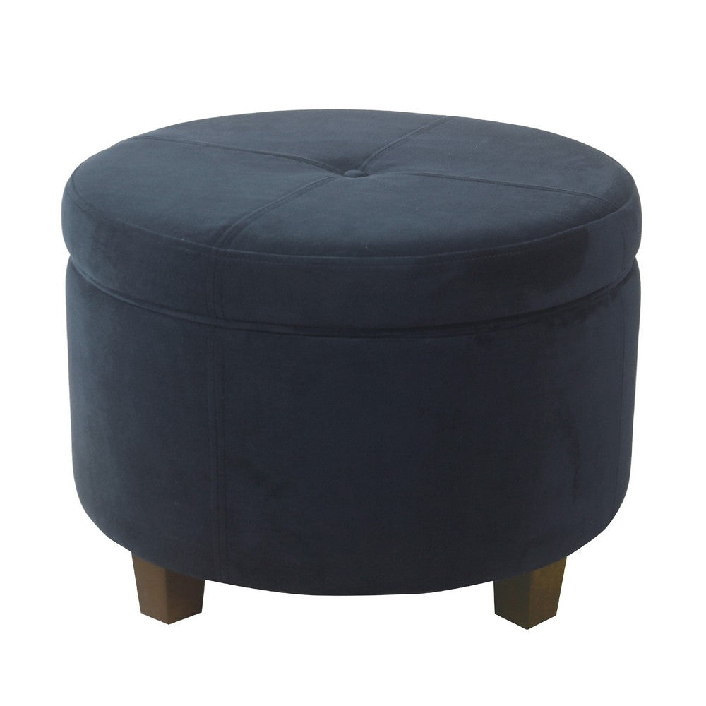 Soni Round Storage Ottoman, 24 Inch Navy Blue Velvet, Dark Brown Legs -BM334427
