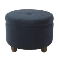Soni Round Storage Ottoman, 24 Inch Navy Blue Velvet, Dark Brown Legs -BM334427