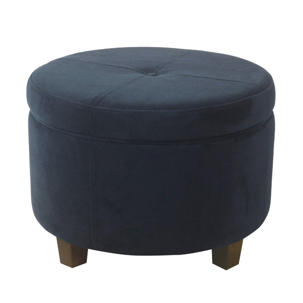 Soni Round Storage Ottoman, 24 Inch Navy Blue Velvet, Dark Brown Legs -BM334427