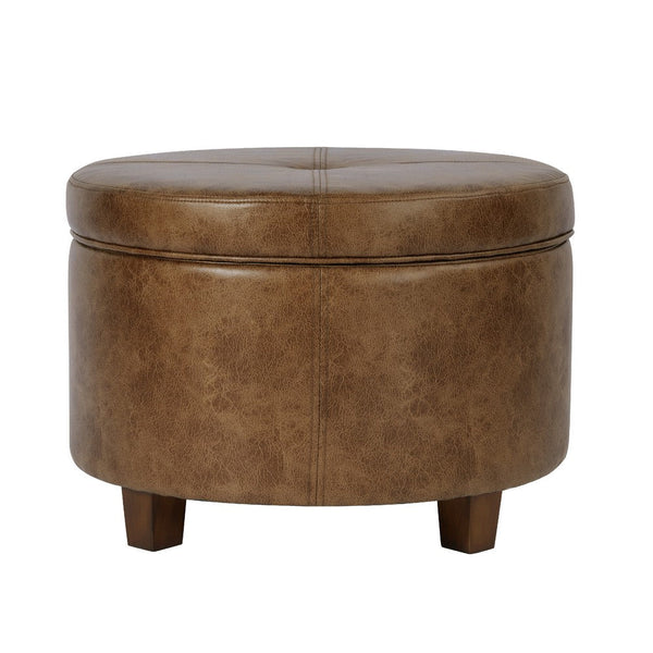Soni Round Storage Ottoman, 24 Inch Brown Faux Leather, Wood Legs -BM334428