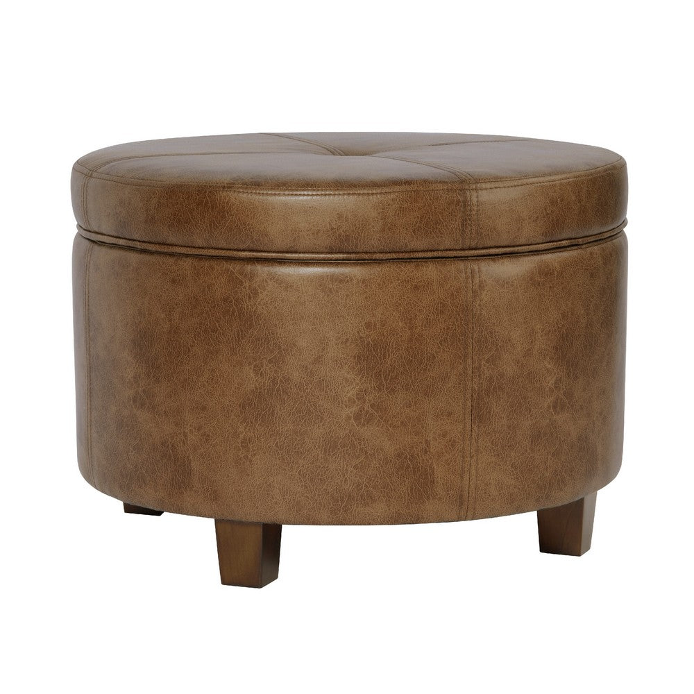 Soni Round Storage Ottoman, 24 Inch Brown Faux Leather, Wood Legs -BM334428
