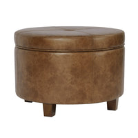 Soni Round Storage Ottoman, 24 Inch Brown Faux Leather, Wood Legs -BM334428