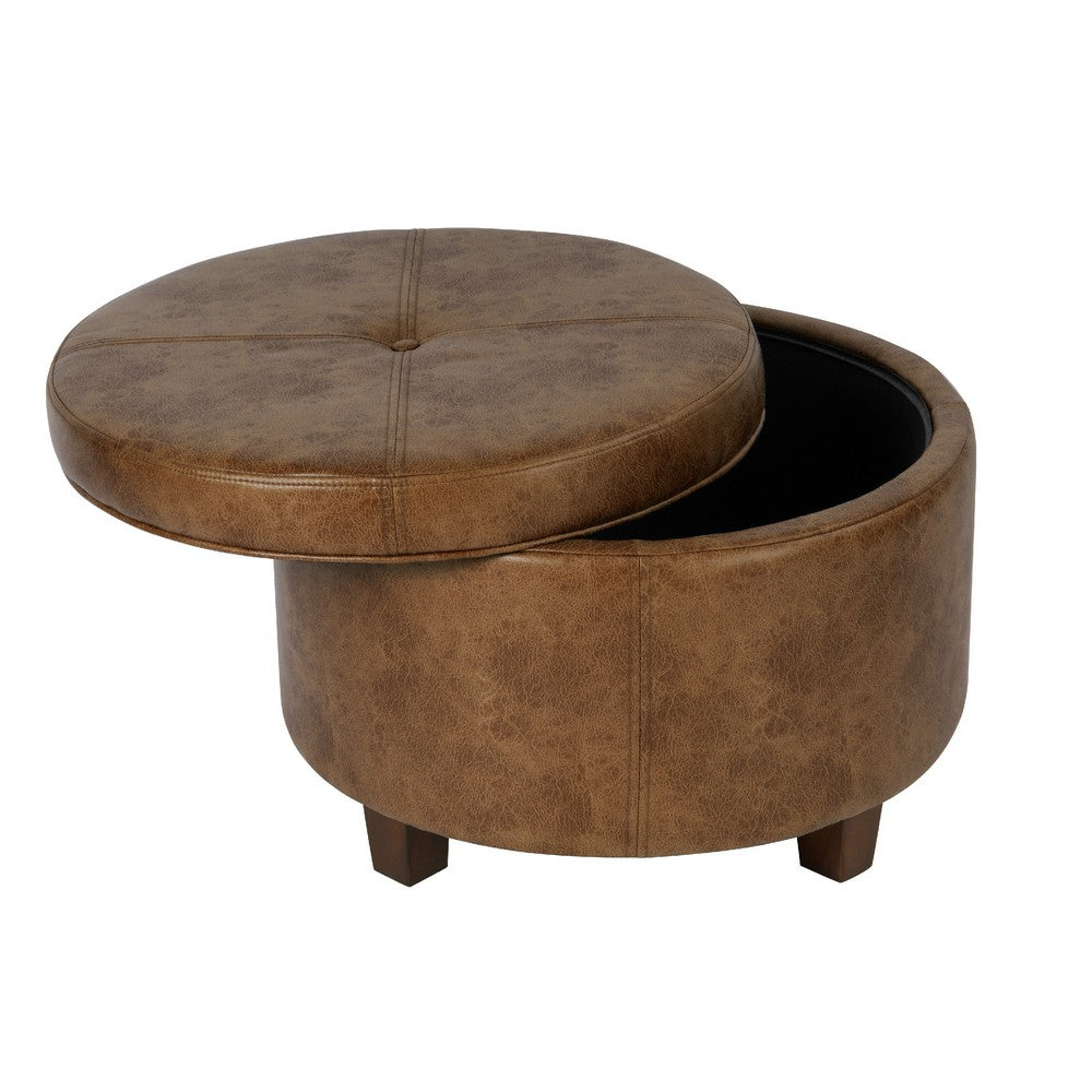 Soni Round Storage Ottoman, 24 Inch Brown Faux Leather, Wood Legs -BM334428
