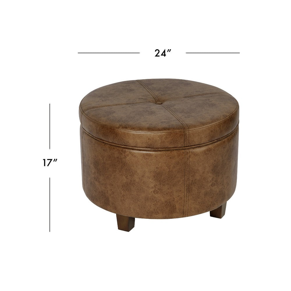 Soni Round Storage Ottoman, 24 Inch Brown Faux Leather, Wood Legs -BM334428