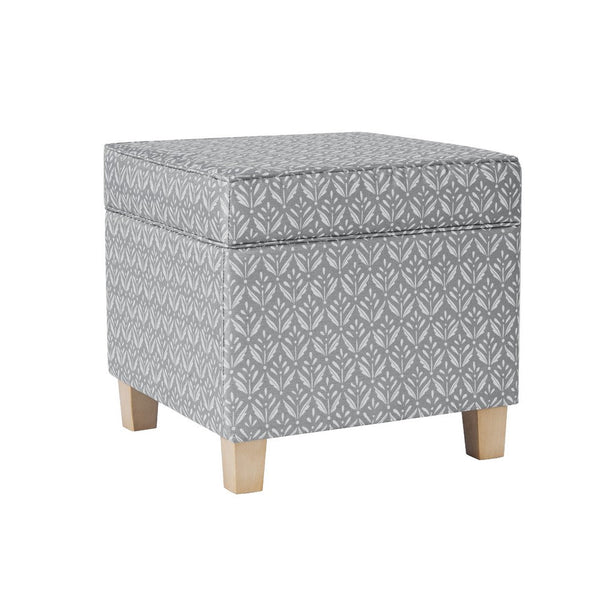 Pyp Square Storage Ottoman, 18 Inch Gray Print Fabric, Brown Wood -BM334429