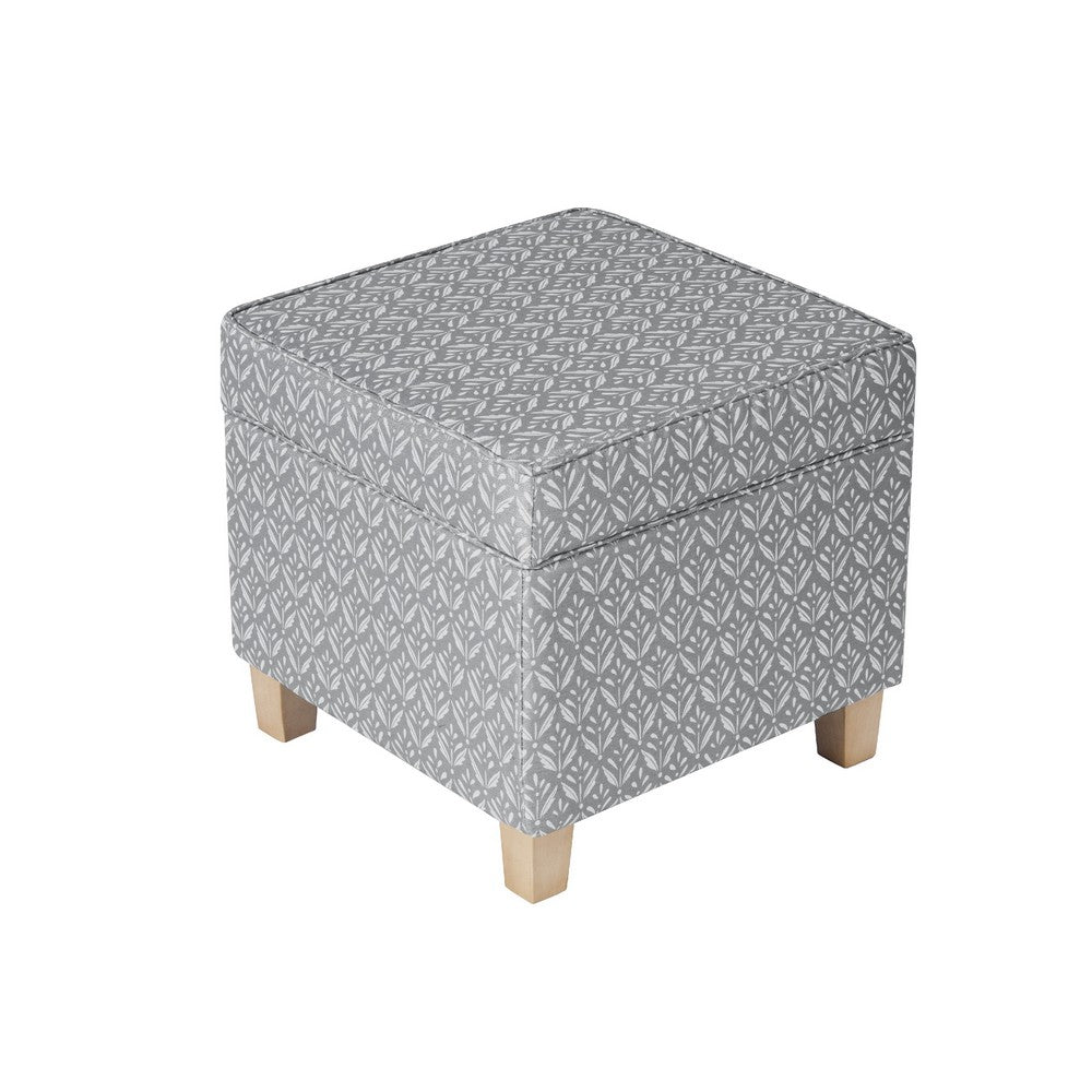 Pyp Square Storage Ottoman, 18 Inch Gray Print Fabric, Brown Wood -BM334429