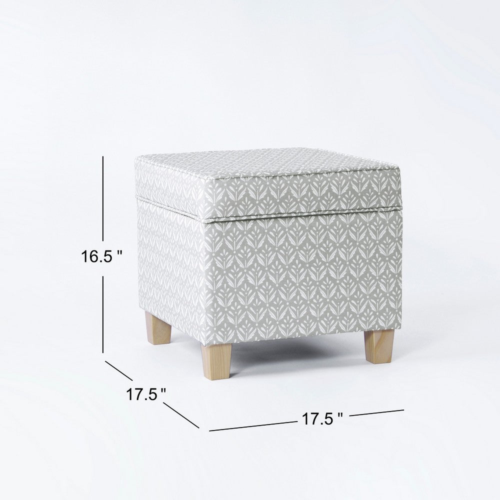 Pyp Square Storage Ottoman, 18 Inch Gray Print Fabric, Brown Wood -BM334429