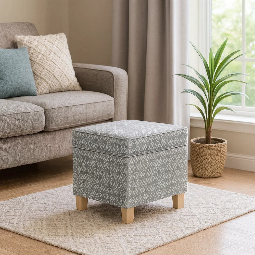Pyp Square Storage Ottoman, 18 Inch Gray Print Fabric, Brown Wood -BM334429