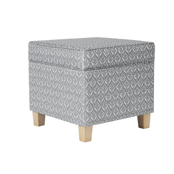 Pyp Square Storage Ottoman, 18 Inch Gray Print Fabric, Brown Wood -BM334429