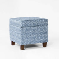 Pyp Square Storage Ottoman, 18 Inch Indigo Blue Print, Walnut Brown -BM334430