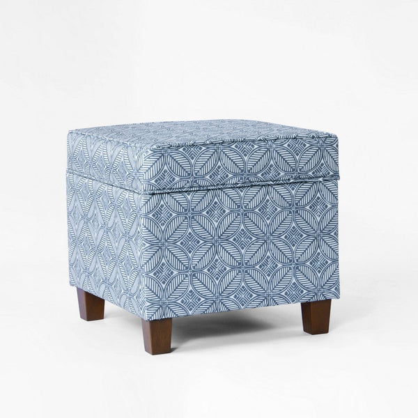 Pyp Square Storage Ottoman, 18 Inch Indigo Blue Print, Walnut Brown -BM334430
