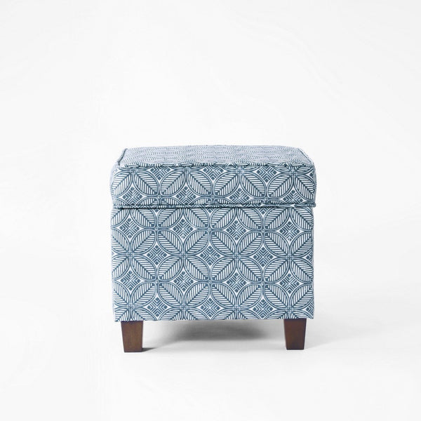 Pyp Square Storage Ottoman, 18 Inch Indigo Blue Print, Walnut Brown -BM334430