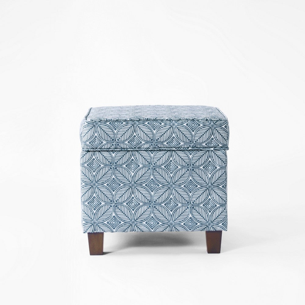 Pyp Square Storage Ottoman, 18 Inch Indigo Blue Print, Walnut Brown -BM334430