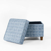 Pyp Square Storage Ottoman, 18 Inch Indigo Blue Print, Walnut Brown -BM334430