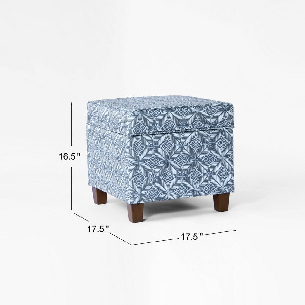 Pyp Square Storage Ottoman, 18 Inch Indigo Blue Print, Walnut Brown -BM334430