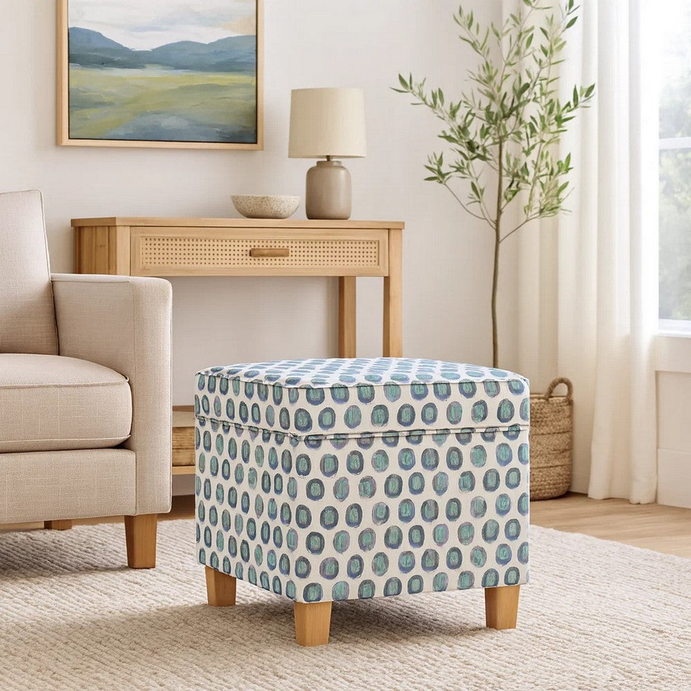 Pyp Square Storage Ottoman, 18 Inch Blue Green Pattern Print, Brown -BM334431