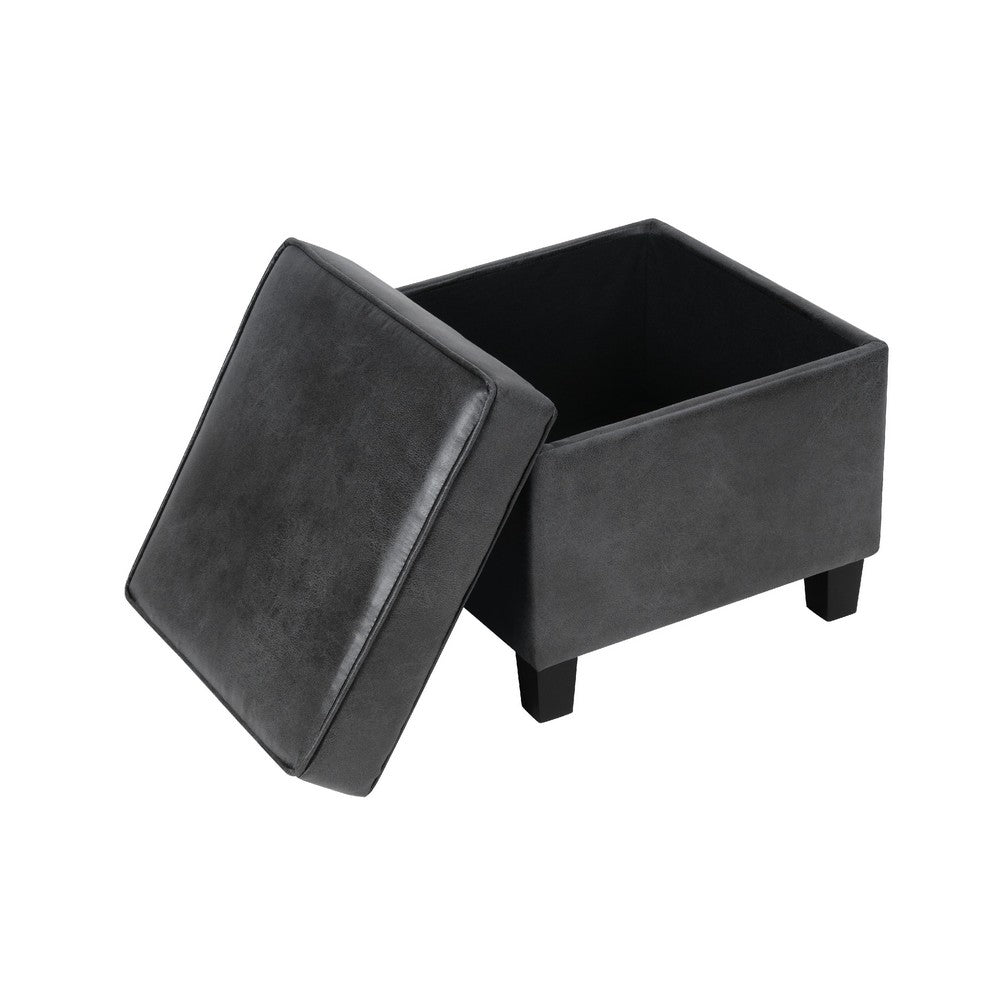 Pyp Square Storage Ottoman, 18 Inch Dark Gray Faux Leather, Black Wood -BM334433