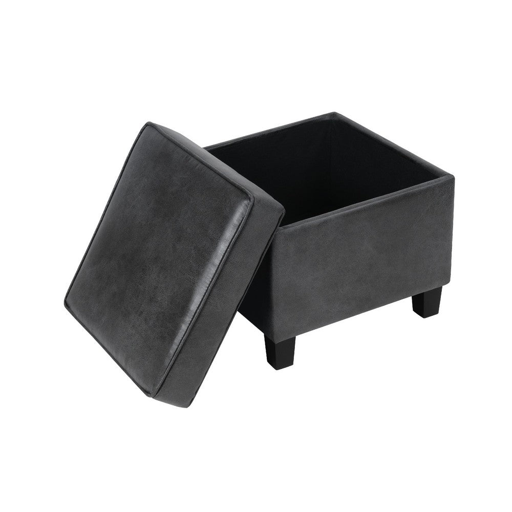 Pyp Square Storage Ottoman, 18 Inch Dark Gray Faux Leather, Black Wood -BM334433