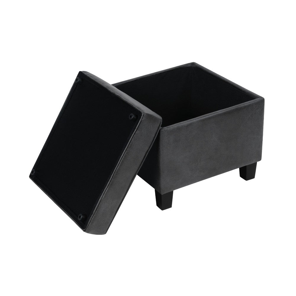 Pyp Square Storage Ottoman, 18 Inch Dark Gray Faux Leather, Black Wood -BM334433