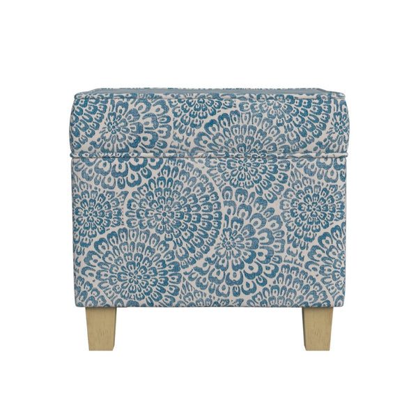 Pyp Square Storage Ottoman, 18 Inch Blue Ivory Floral Fabric, Brown -BM334435
