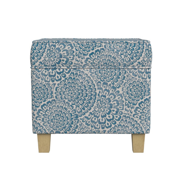 Pyp Square Storage Ottoman, 18 Inch Blue Ivory Floral Fabric, Brown -BM334435