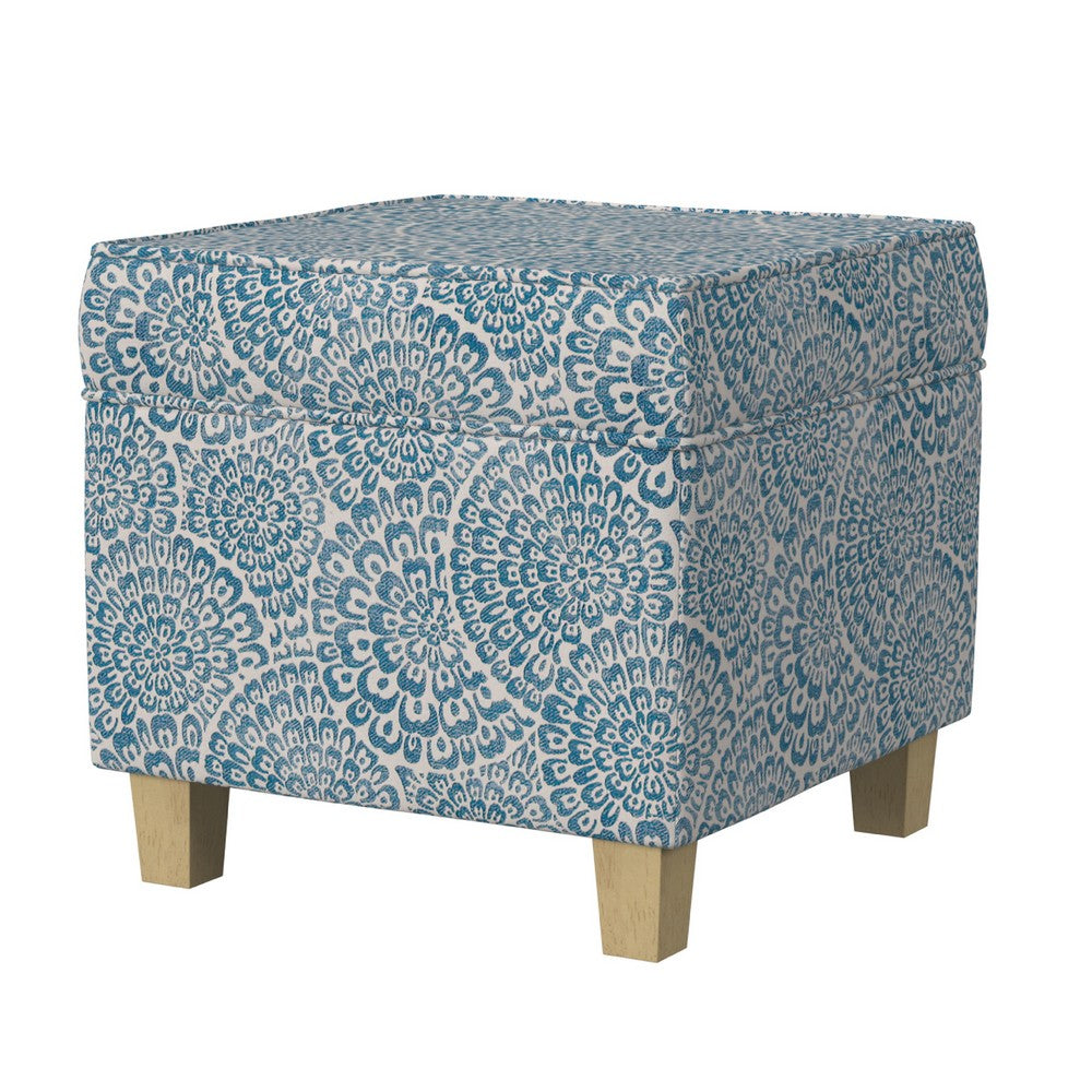 Pyp Square Storage Ottoman, 18 Inch Blue Ivory Floral Fabric, Brown -BM334435