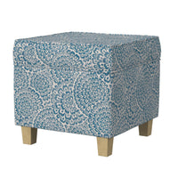Pyp Square Storage Ottoman, 18 Inch Blue Ivory Floral Fabric, Brown -BM334435
