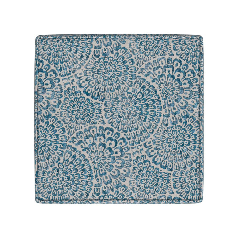 Pyp Square Storage Ottoman, 18 Inch Blue Ivory Floral Fabric, Brown -BM334435