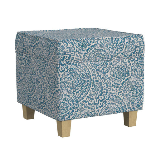 Pyp Square Storage Ottoman, 18 Inch Blue Ivory Floral Fabric, Brown -BM334435