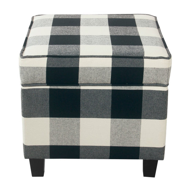 Pyp Square Storage Ottoman, 18 Inch Black Plaid Cotton, Ebony Legs -BM334436