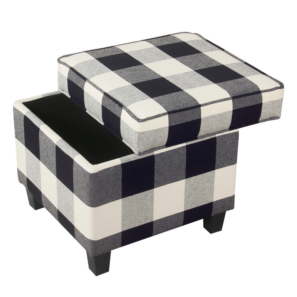 Pyp Square Storage Ottoman, 18 Inch Black Plaid Cotton, Ebony Legs -BM334436