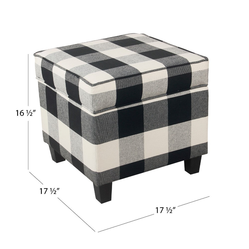 Pyp Square Storage Ottoman, 18 Inch Black Plaid Cotton, Ebony Legs -BM334436