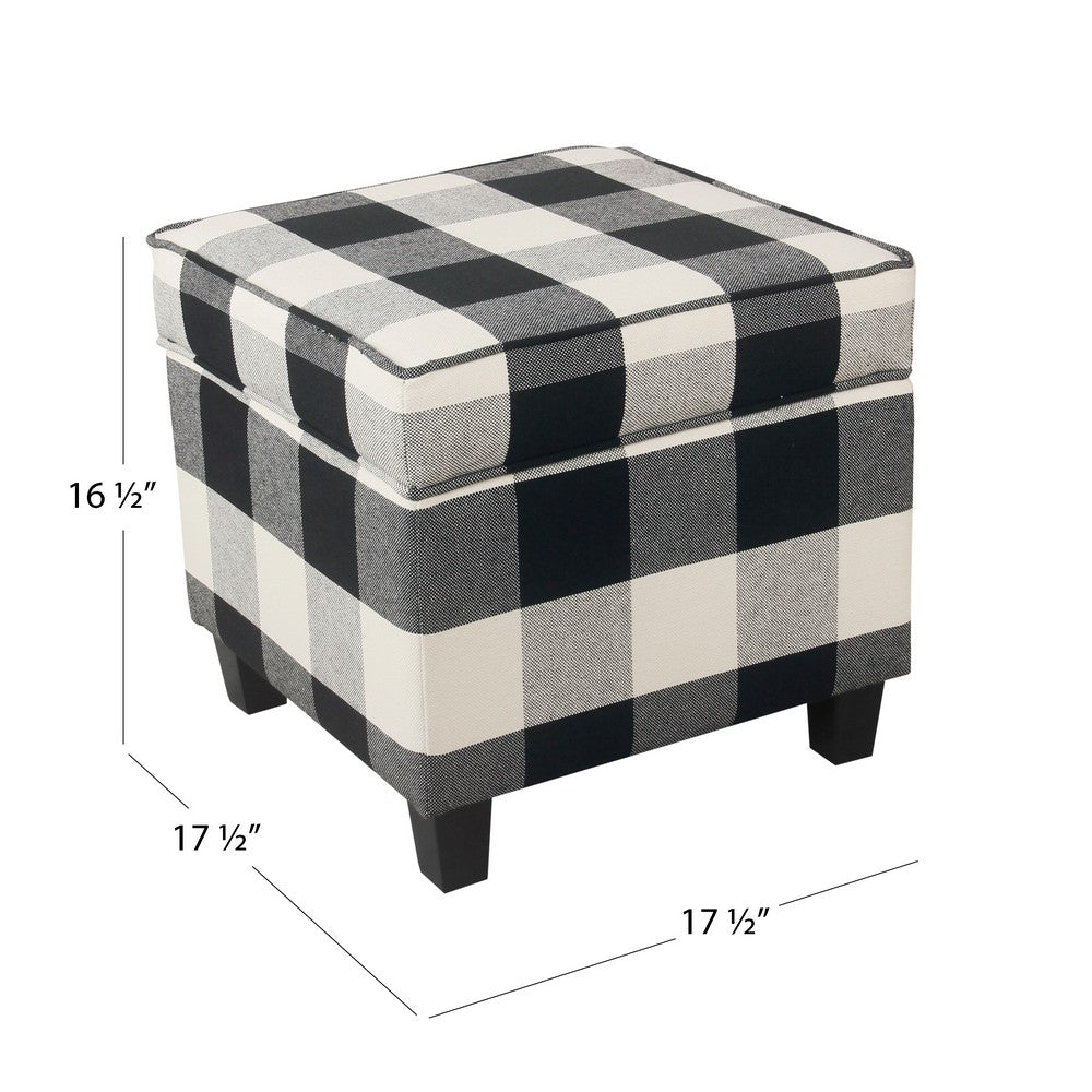 Pyp Square Storage Ottoman, 18 Inch Black Plaid Cotton, Ebony Legs -BM334436