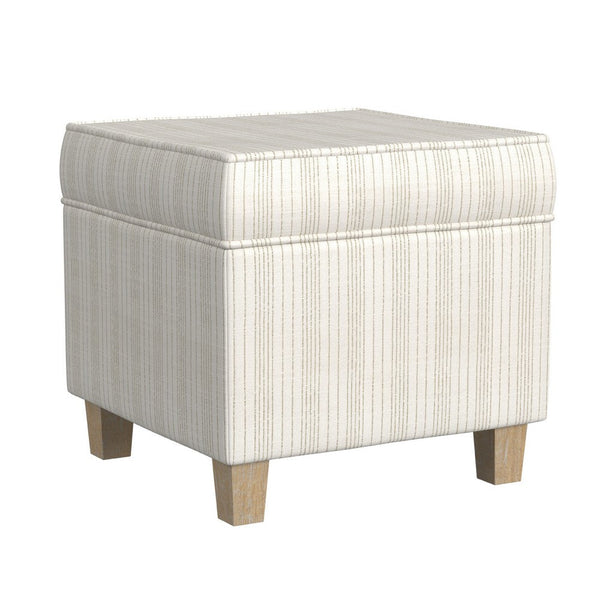 Pyp Square Storage Ottoman, 18 Inch Ivory Pinstripe Fabric, Brown Legs -BM334438