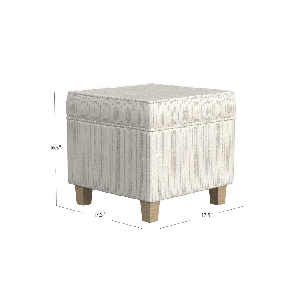 Pyp Square Storage Ottoman, 18 Inch Ivory Pinstripe Fabric, Brown Legs -BM334438